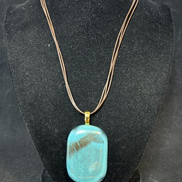 Premier Designs Brown Triple Strand Cord Necklace W/Rectangle Blue Pendant (4113 - Picture 1 of 5